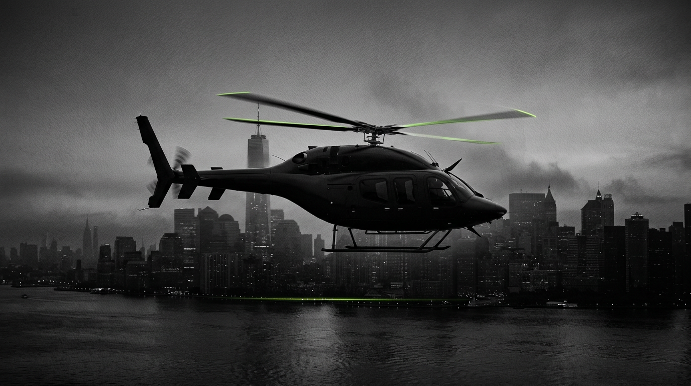 Illustration of an unmarked black helicopter flying over a river in front of a city skyline at dusk