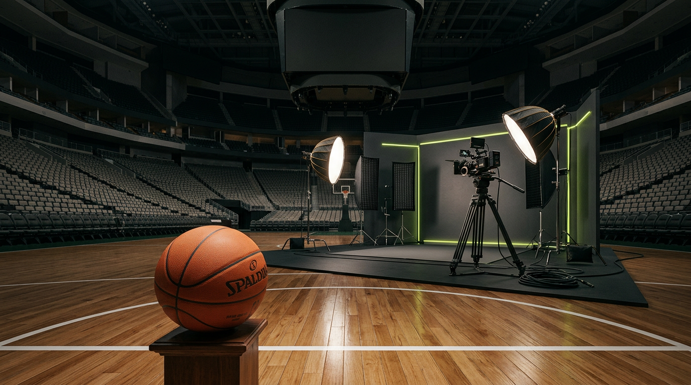 Conceptual basketball media-day studio with a basketball, cameras, and lighting equipment inside an arena